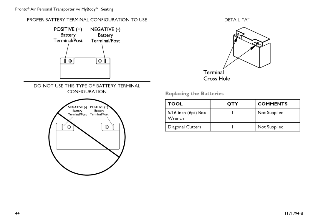 Invacare 1171794-B user manual Replacing the Batteries 