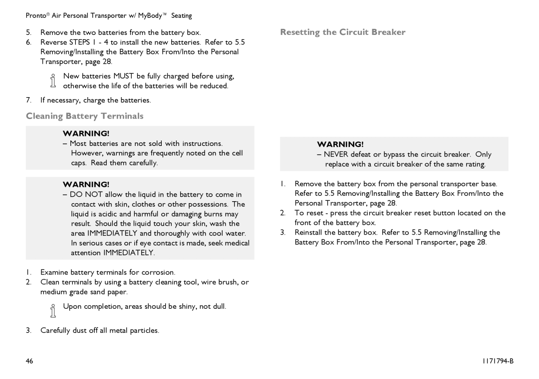 Invacare 1171794-B user manual Cleaning Battery Terminals, Resetting the Circuit Breaker 