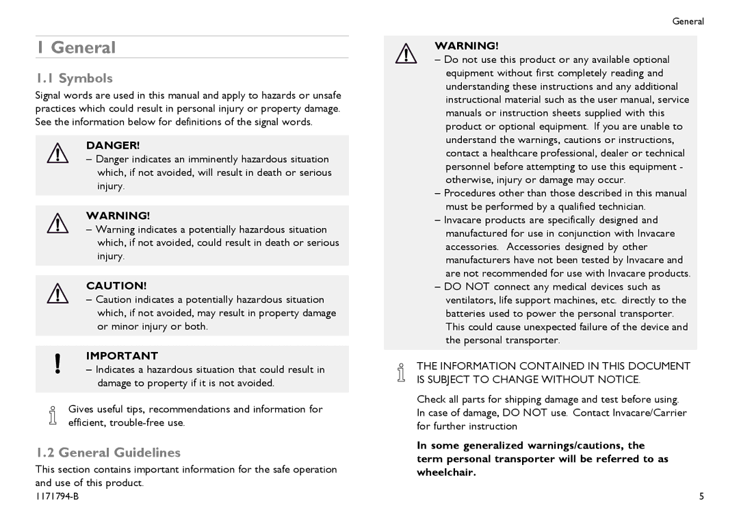 Invacare 1171794-B user manual Symbols, General Guidelines 