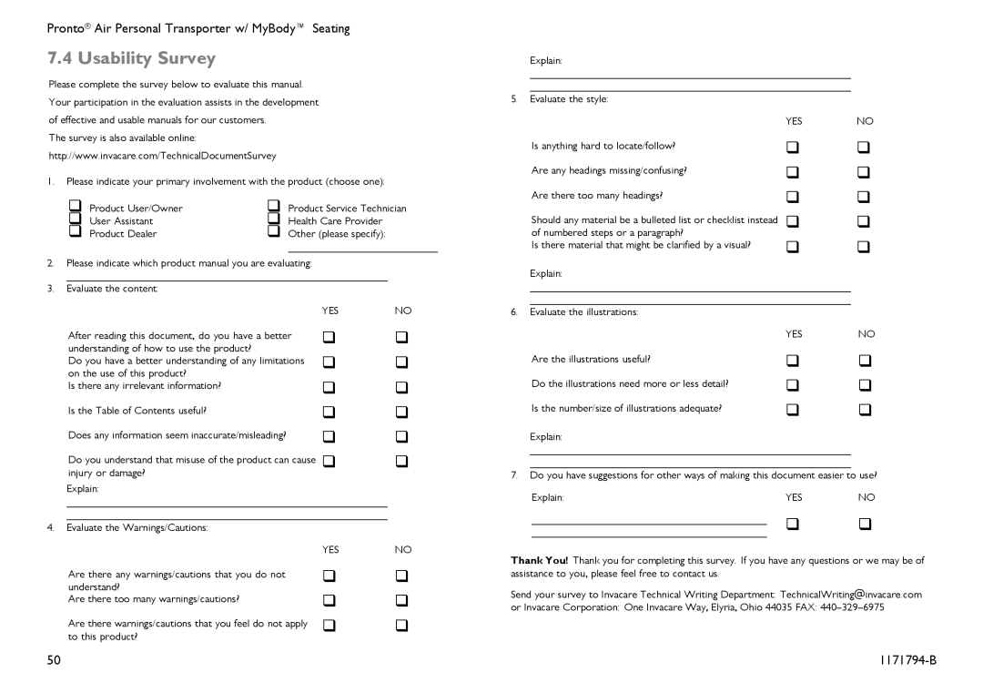 Invacare 1171794-B user manual Usability Survey, Yes 