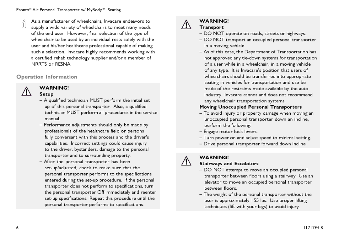 Invacare 1171794-B user manual Operation Information, Setup 