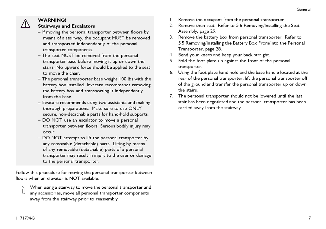 Invacare 1171794-B user manual Stairways and Escalators 