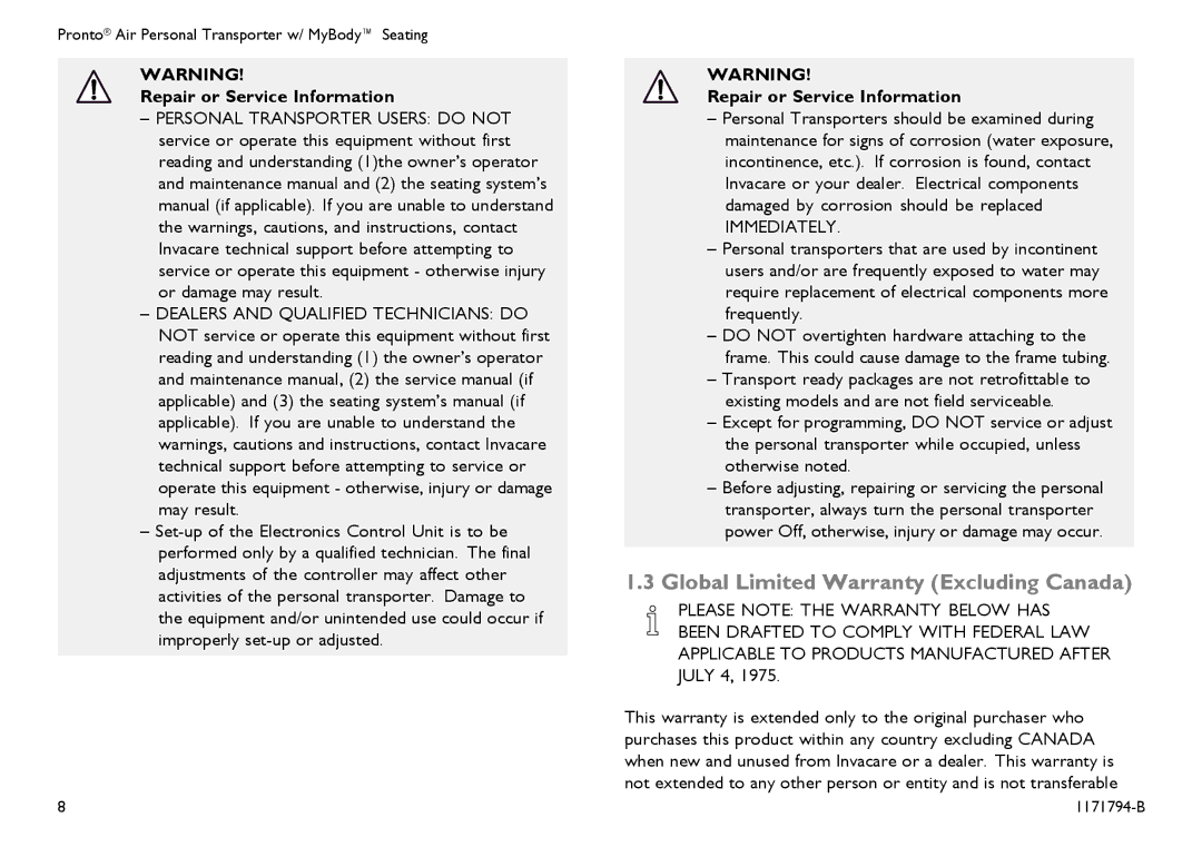 Invacare 1171794-B user manual Global Limited Warranty Excluding Canada, Repair or Service Information 