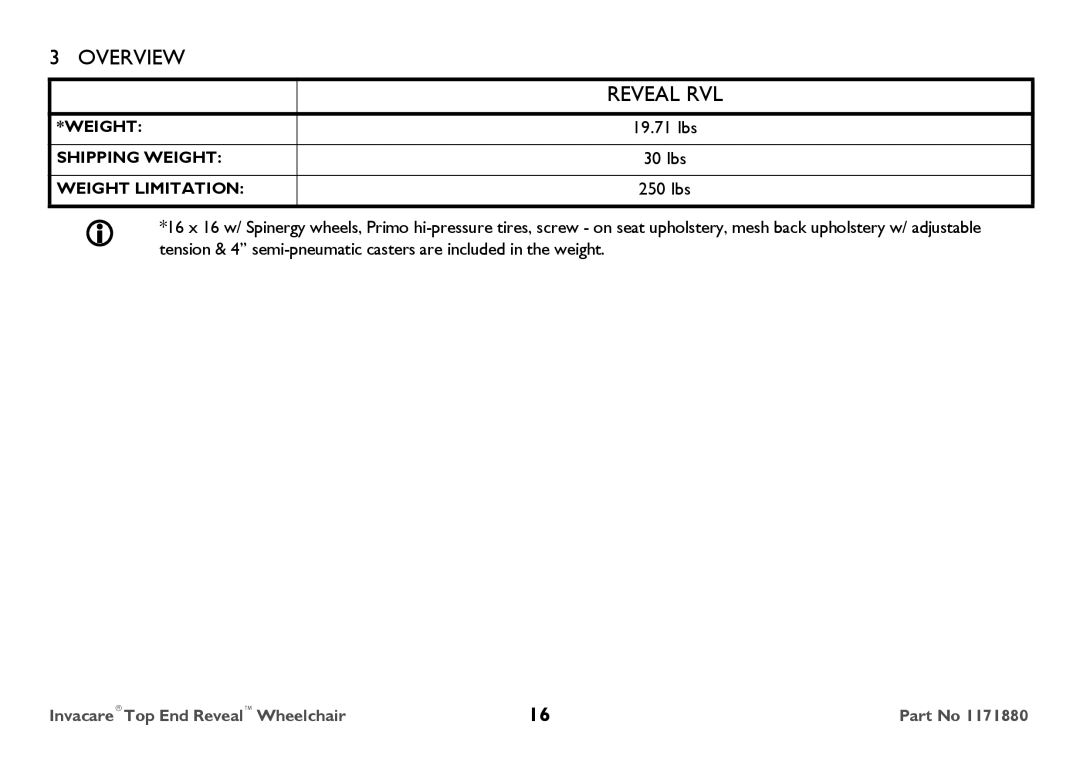 Invacare 1171880 user manual Weight 