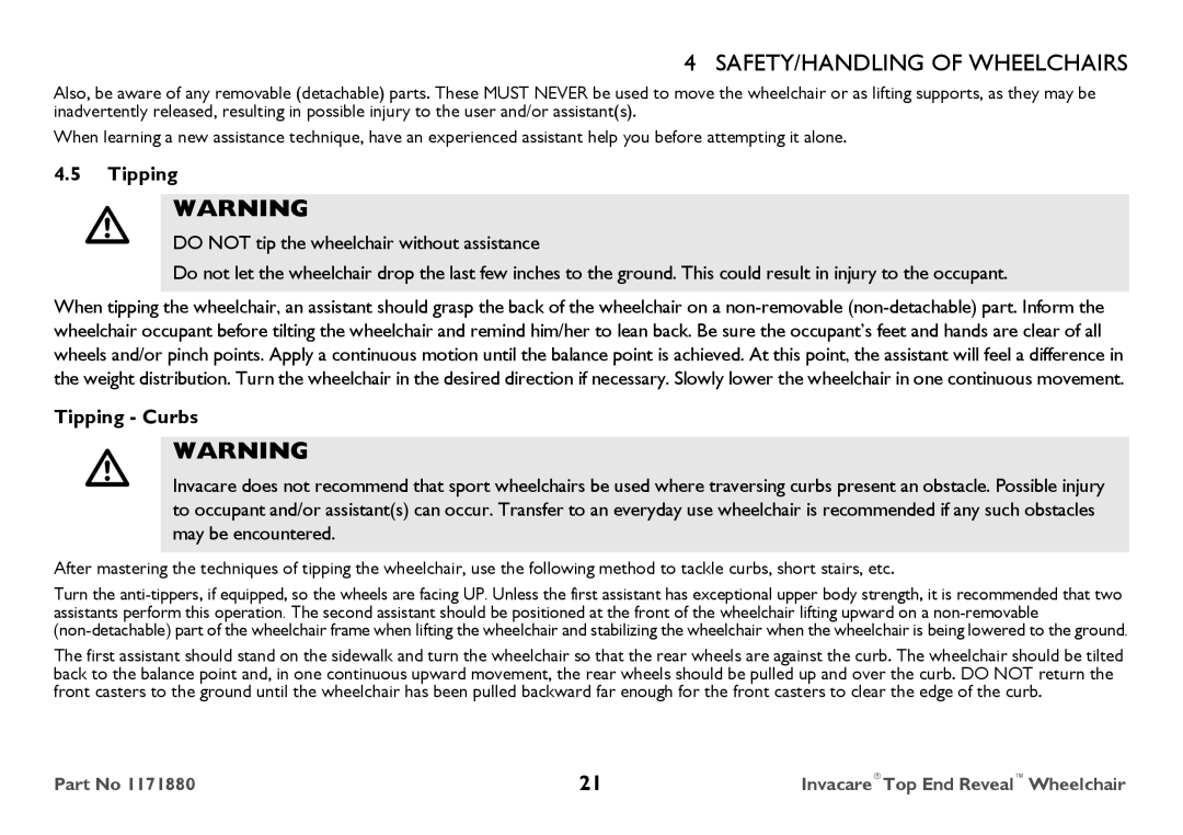 Invacare 1171880 user manual Tipping Curbs 