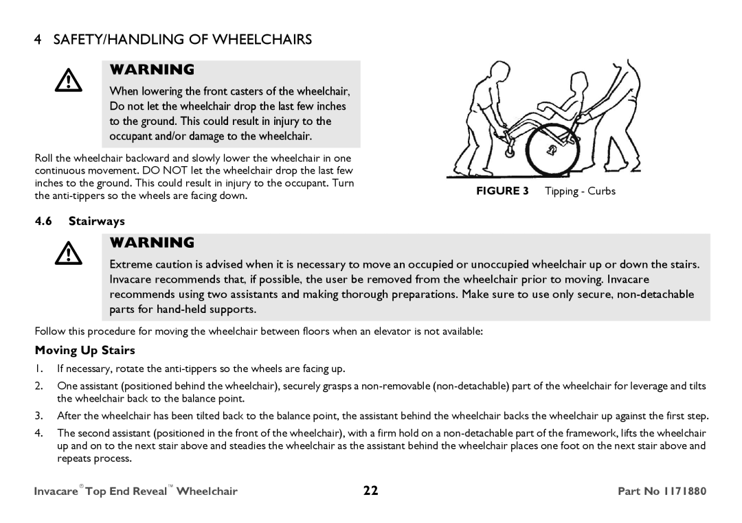 Invacare 1171880 user manual Stairways, Moving Up Stairs 