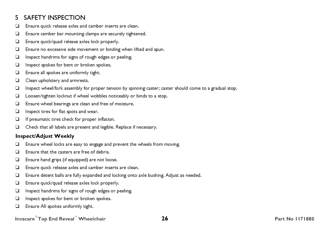 Invacare 1171880 user manual Inspect/Adjust Weekly 