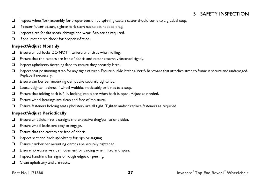 Invacare 1171880 user manual Inspect/Adjust Monthly, Inspect/Adjust Periodically 