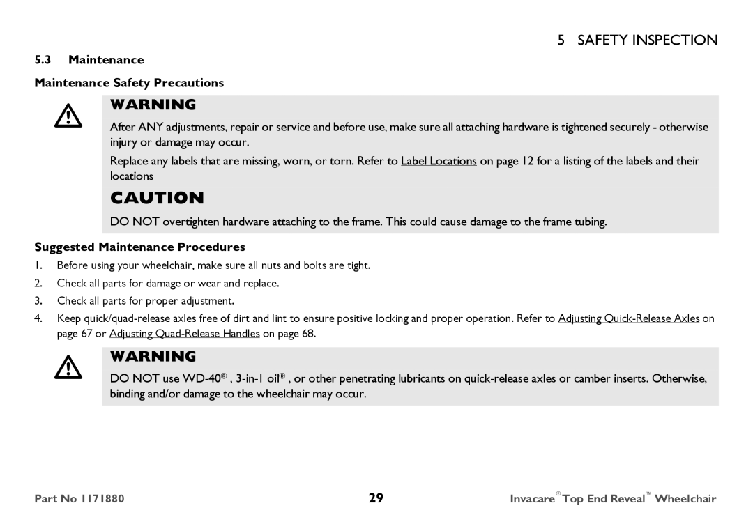 Invacare 1171880 user manual Maintenance Maintenance Safety Precautions, Suggested Maintenance Procedures 