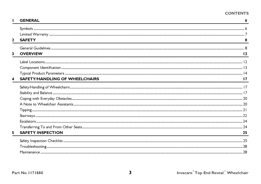 Invacare 1171880 user manual Contents 