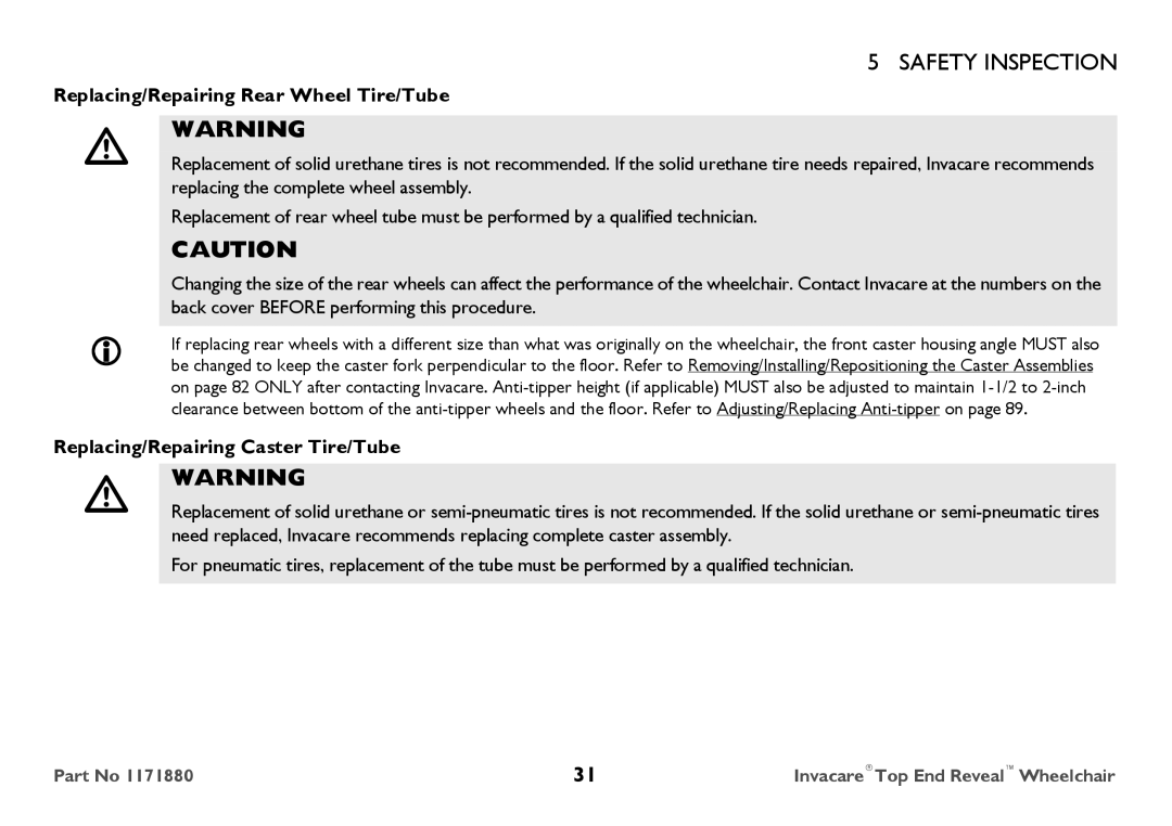 Invacare 1171880 user manual Replacing/Repairing Rear Wheel Tire/Tube, Replacing/Repairing Caster Tire/Tube 