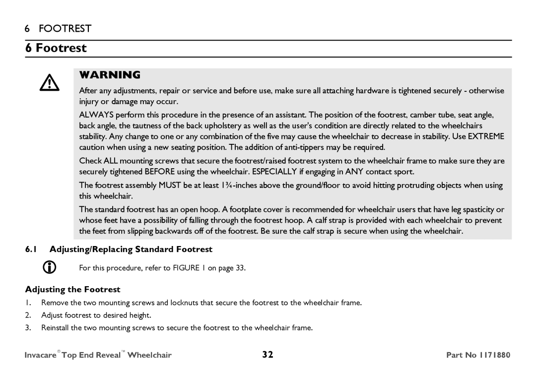 Invacare 1171880 user manual Adjusting/Replacing Standard Footrest, Adjusting the Footrest 