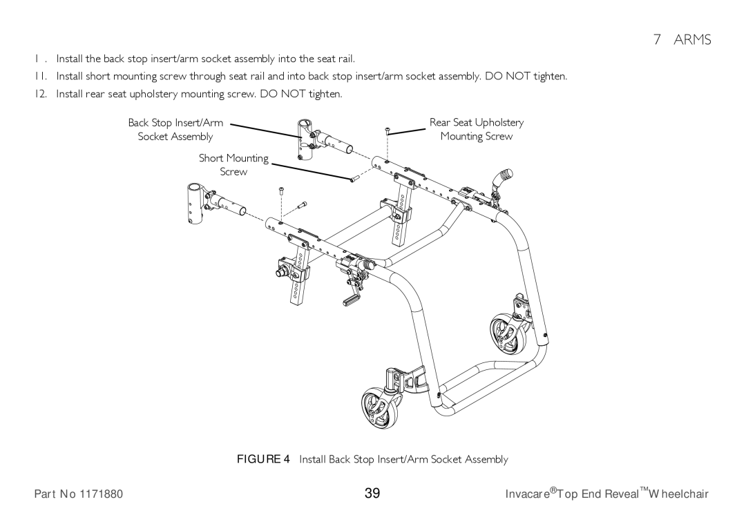 Invacare 1171880 user manual Install Back Stop Insert/Arm Socket Assembly 