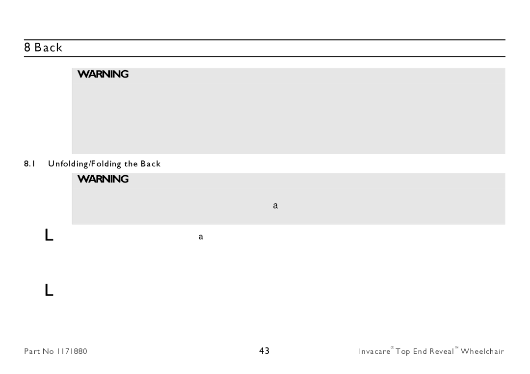 Invacare 1171880 user manual Unfolding/Folding the Back 