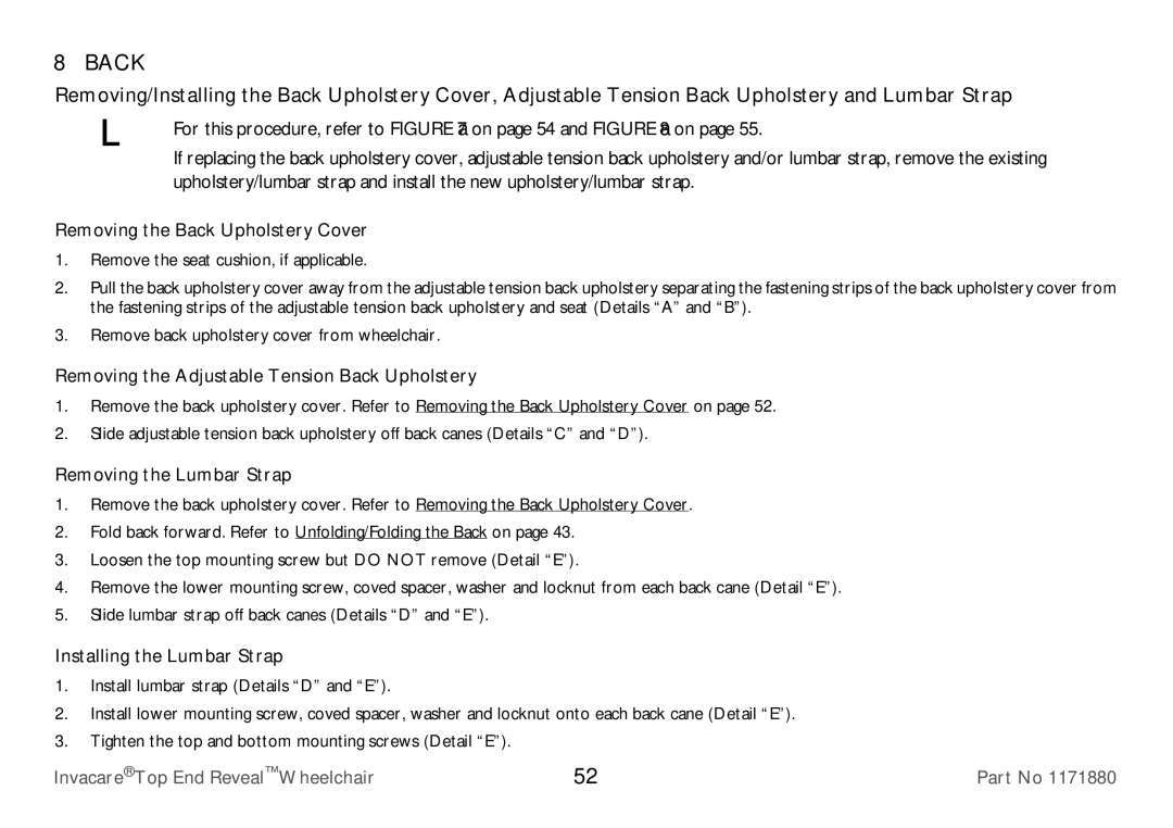 Invacare 1171880 user manual Removing the Back Upholstery Cover, Removing the Adjustable Tension Back Upholstery 