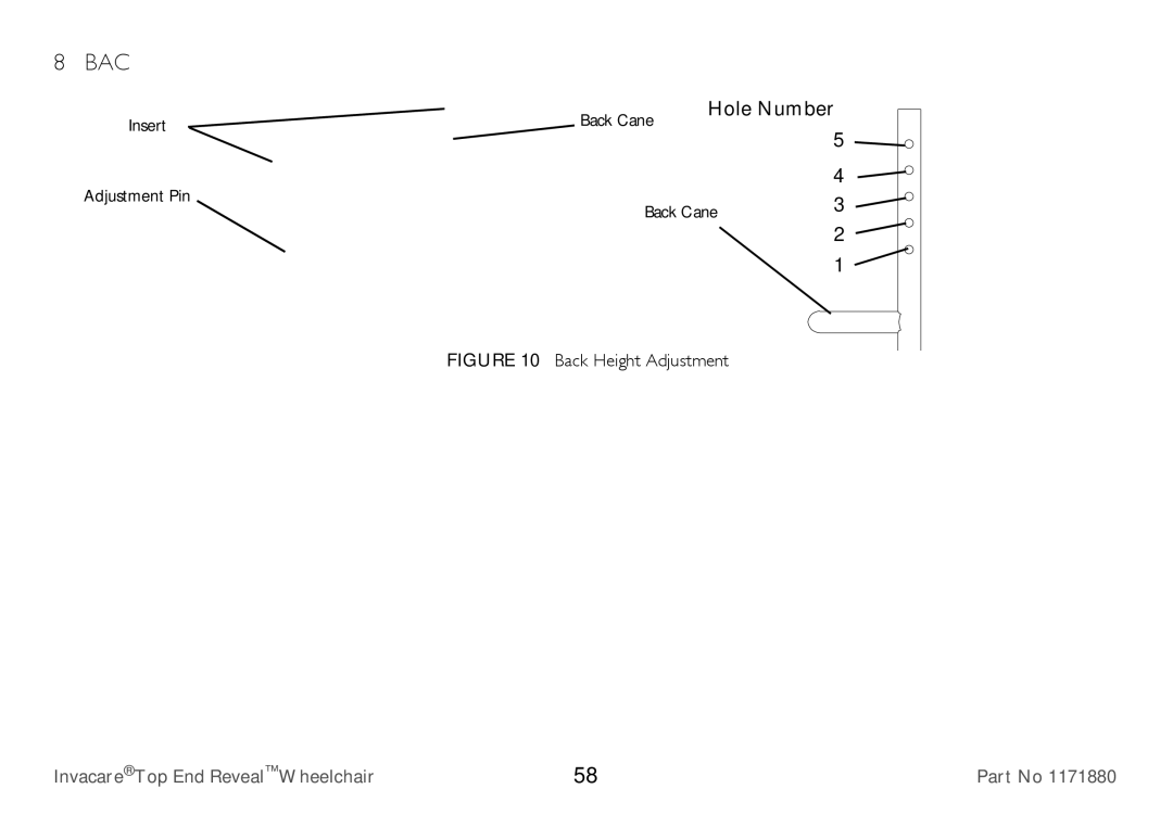 Invacare 1171880 user manual Hole Number, Insert Back Cane, Adjustment Pin Back Cane 
