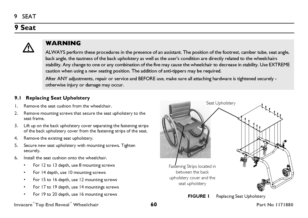 Invacare 1171880 user manual Replacing Seat Upholstery 