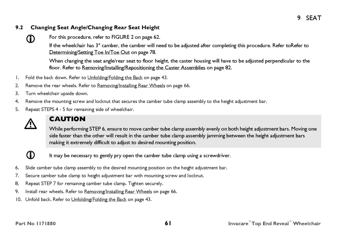 Invacare 1171880 user manual Changing Seat Angle/Changing Rear Seat Height 