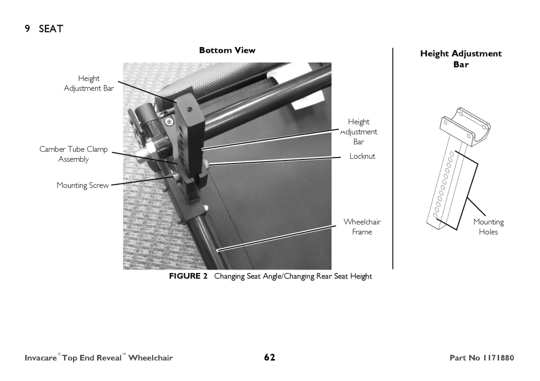 Invacare 1171880 user manual Bottom View, Height Adjustment Bar 