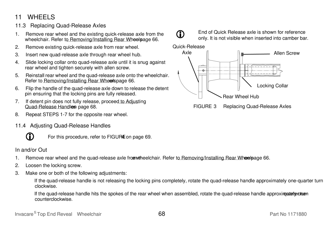 Invacare 1171880 user manual Replacing Quad-Release Axles, Adjusting Quad-Release Handles, And/or Out 