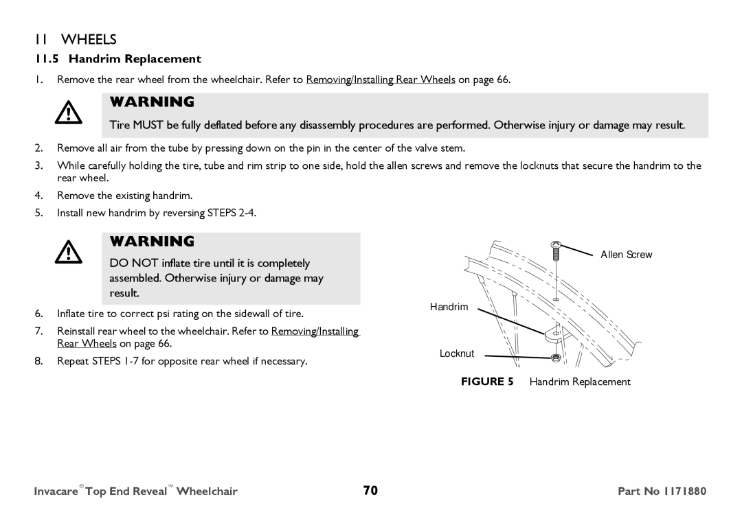 Invacare 1171880 user manual Handrim Replacement 