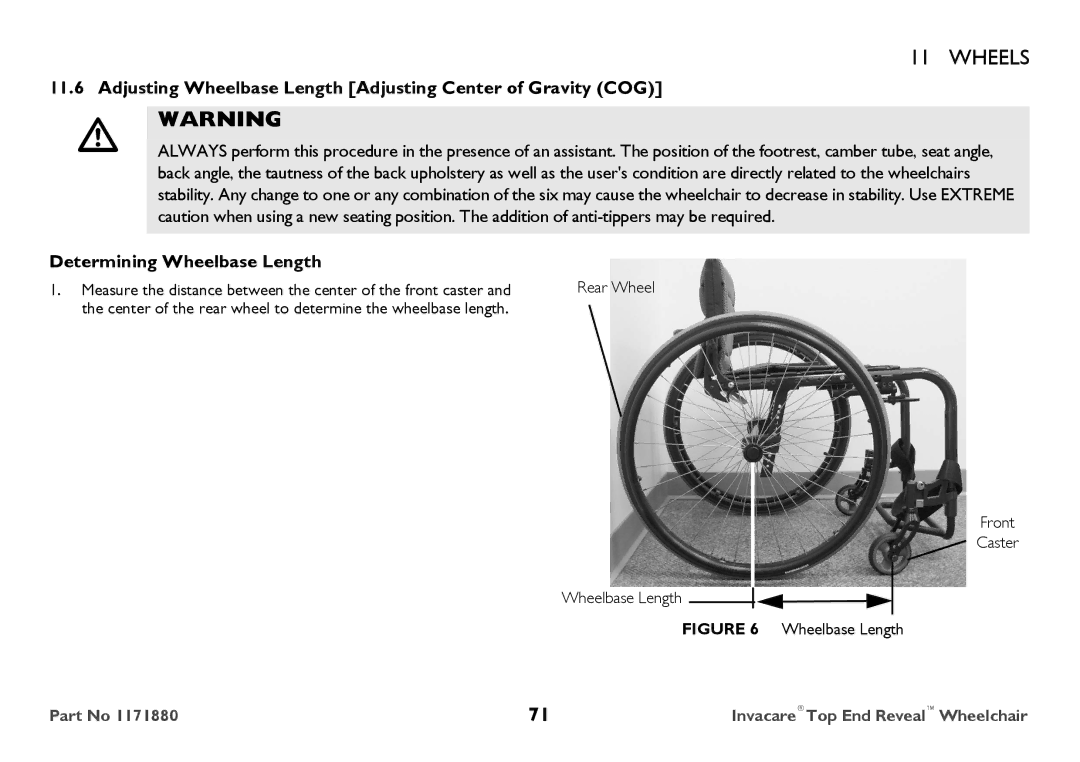 Invacare 1171880 user manual Adjusting Wheelbase Length Adjusting Center of Gravity COG, Determining Wheelbase Length 