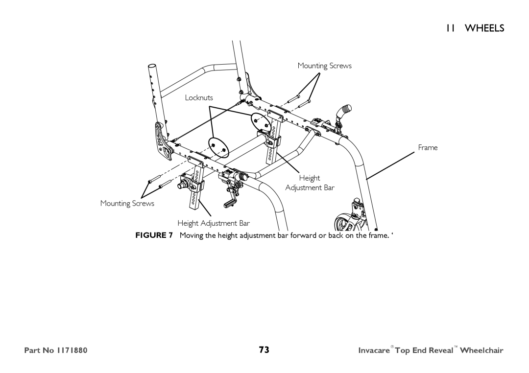 Invacare 1171880 user manual Mounting Screws Locknuts Frame Height Adjustment Bar 