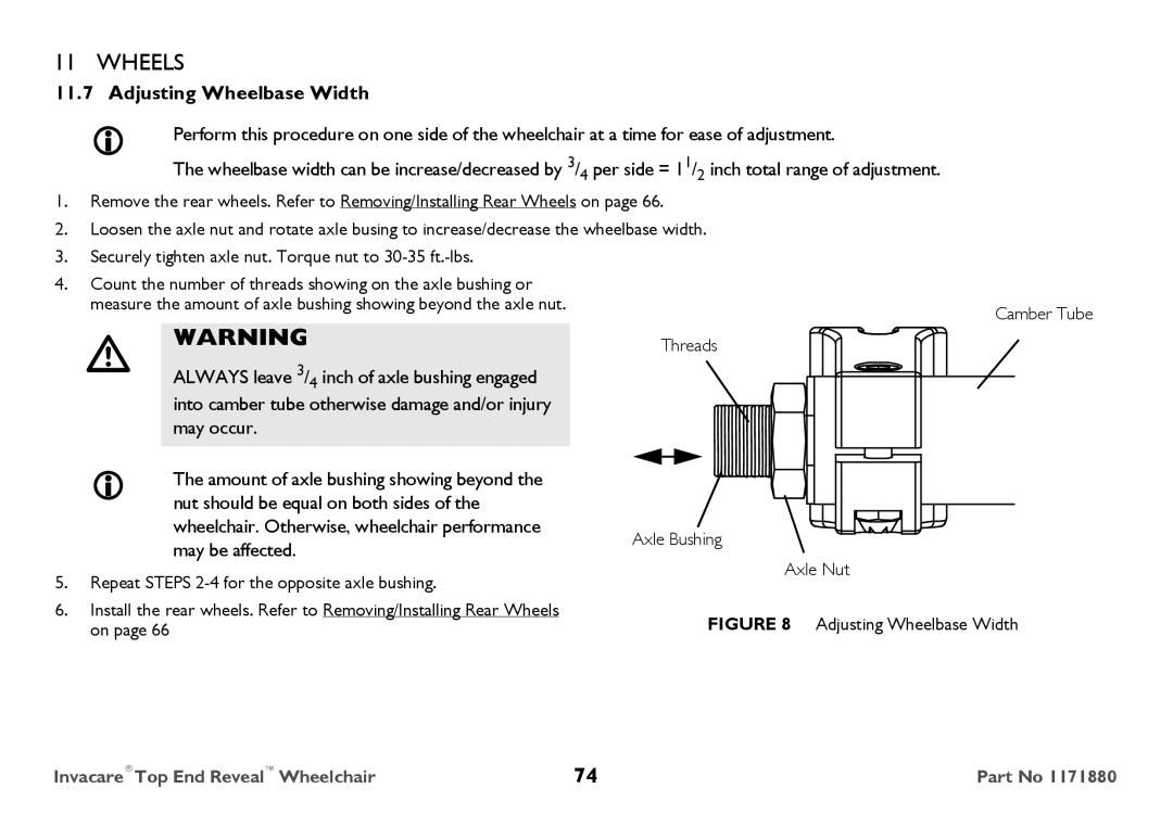 Invacare 1171880 user manual Adjusting Wheelbase Width, May be affected 