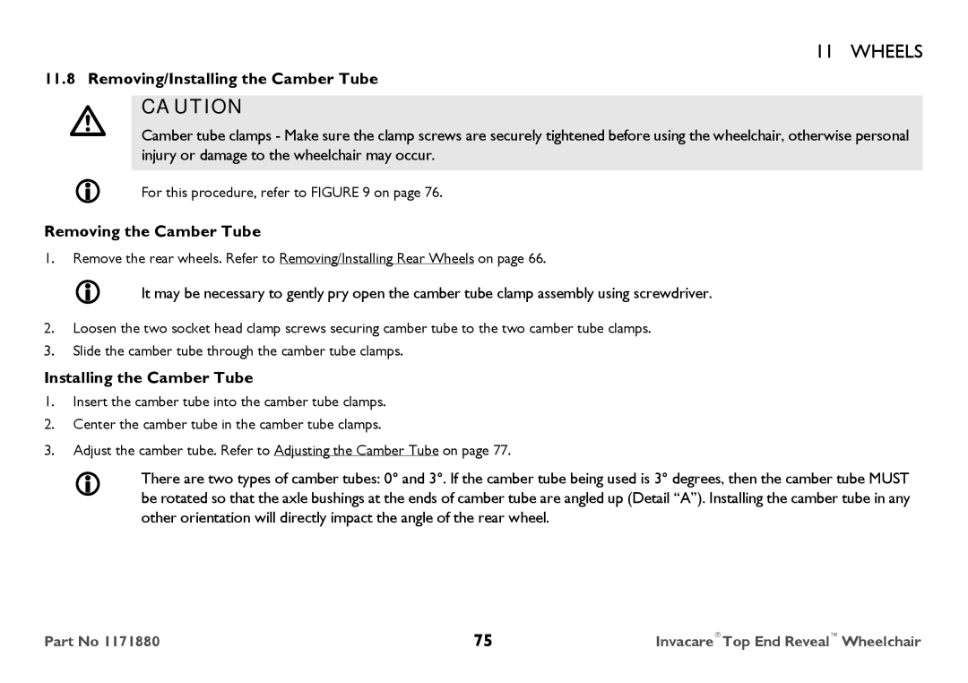 Invacare 1171880 user manual Removing/Installing the Camber Tube, Removing the Camber Tube 