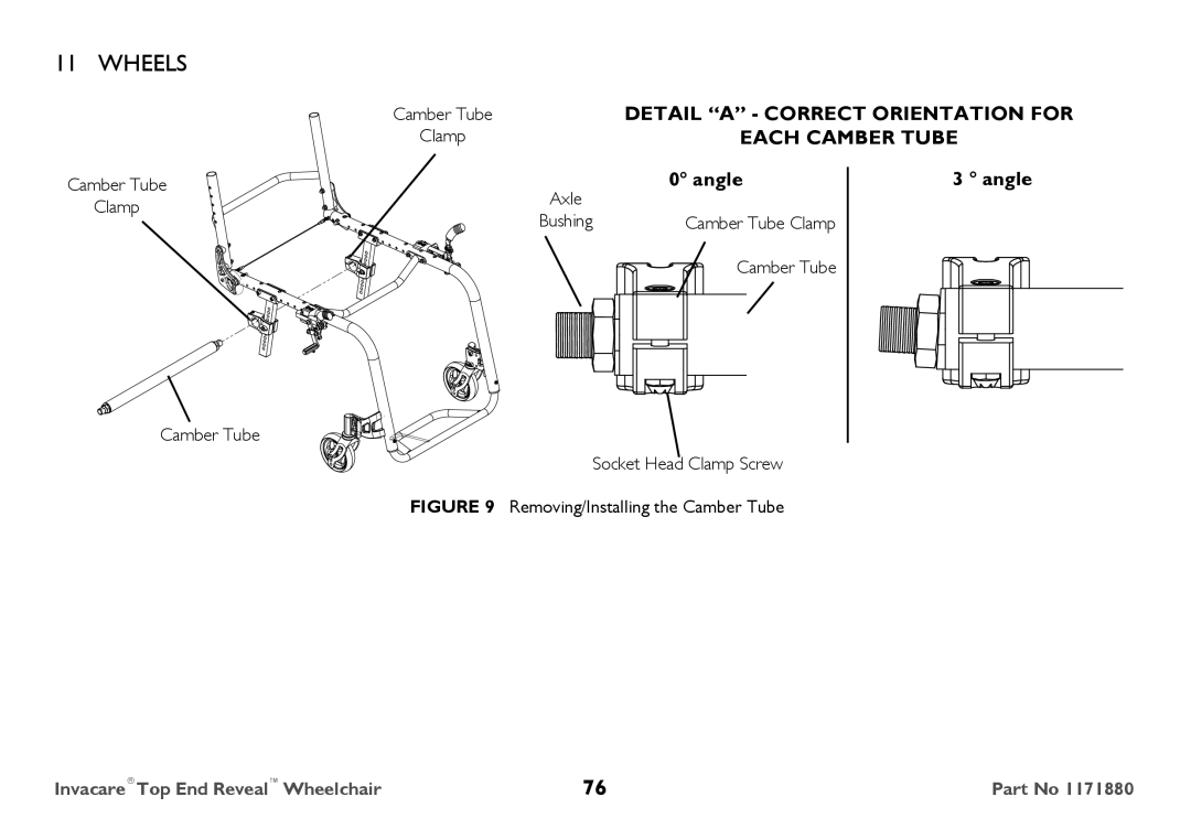 Invacare 1171880 user manual Angle, Axle, Camber Tube Clamp 