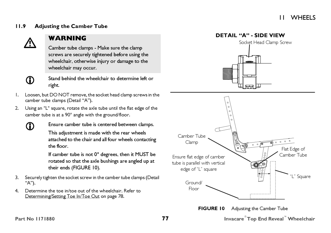 Invacare 1171880 user manual Adjusting the Camber Tube, Detail a Side View 