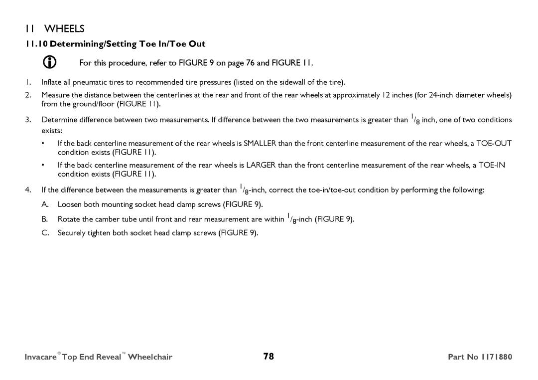 Invacare 1171880 user manual Determining/Setting Toe In/Toe Out,  For this procedure, refer to on page 76 and Figure 