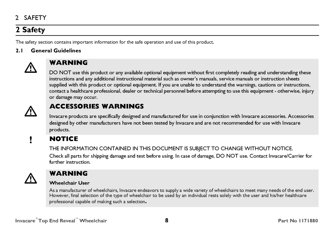 Invacare 1171880 user manual Safety, General Guidelines, Wheelchair User 