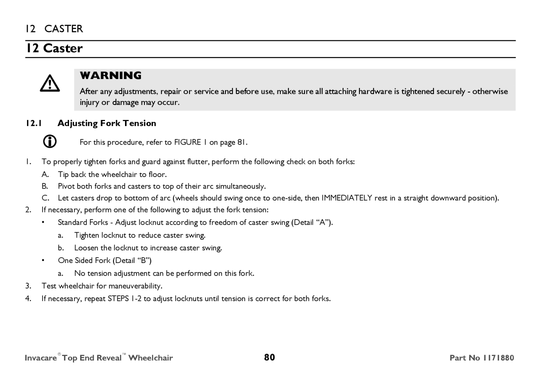 Invacare 1171880 user manual Caster, Adjusting Fork Tension 