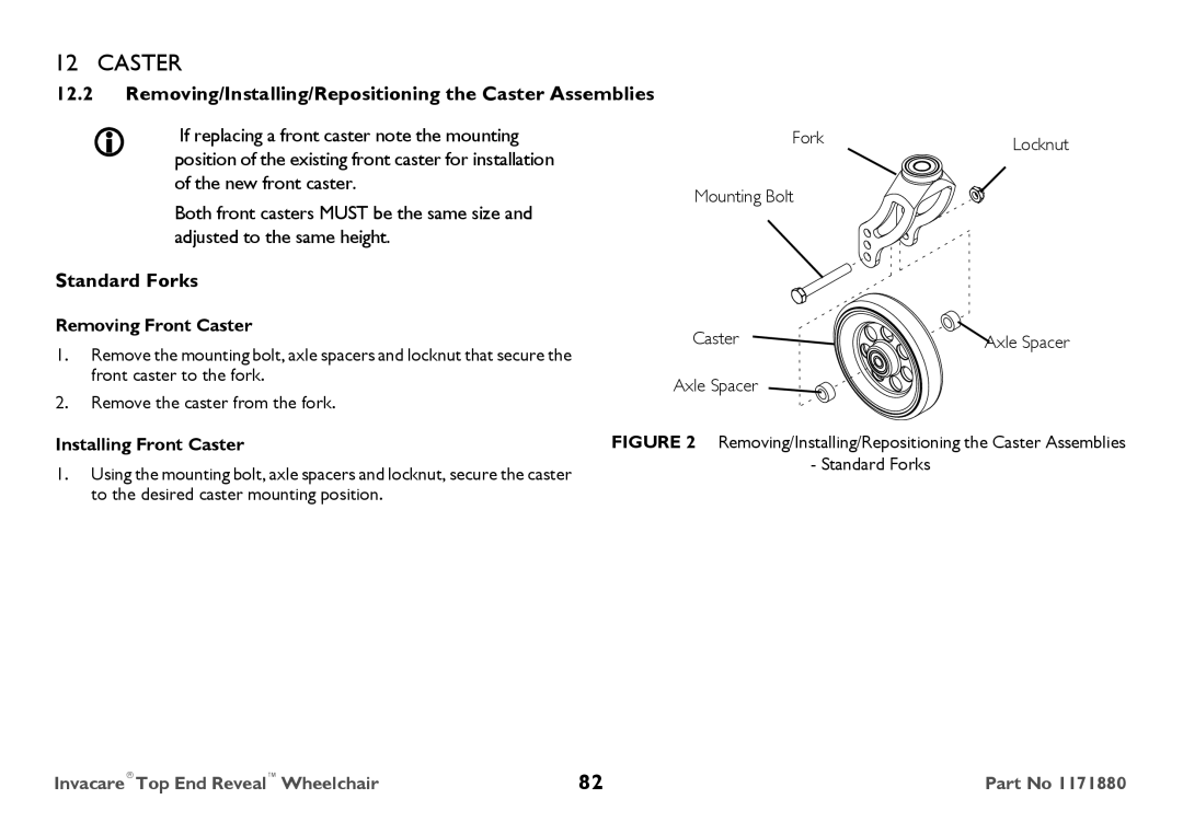 Invacare 1171880 user manual Removing/Installing/Repositioning the Caster Assemblies, Standard Forks, Removing Front Caster 