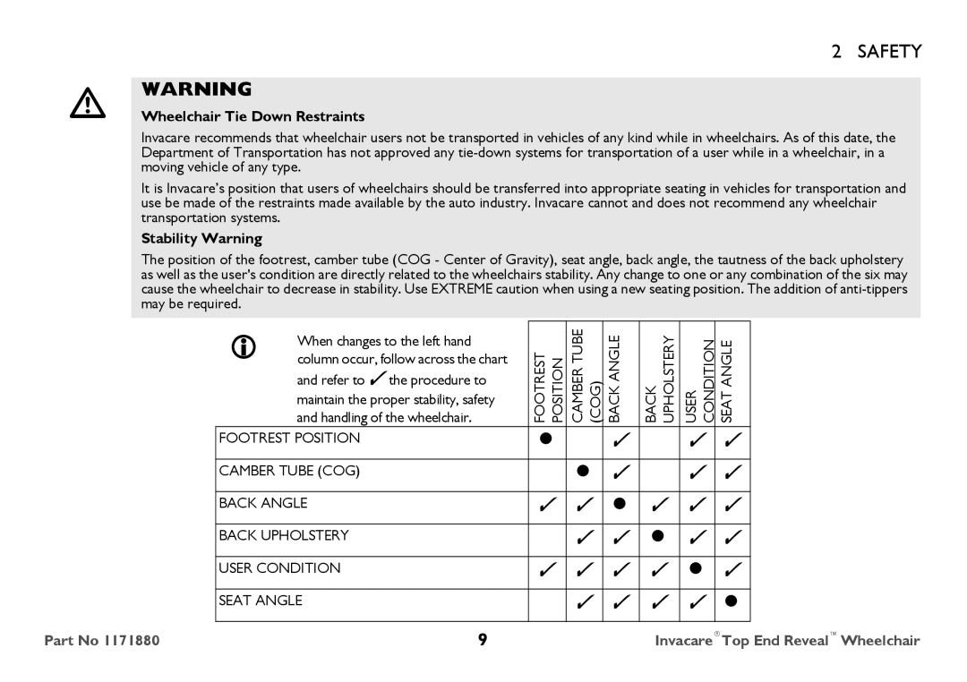 Invacare 1171880 user manual Wheelchair Tie Down Restraints, Stability Warning 