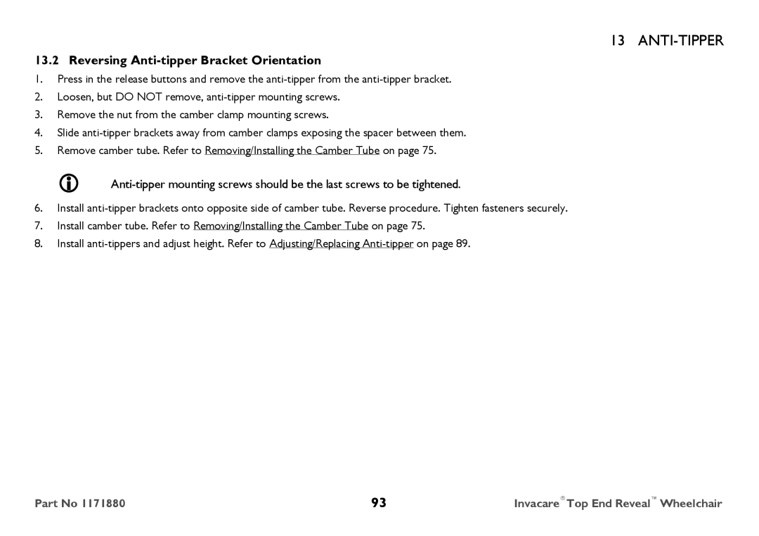 Invacare 1171880 user manual Reversing Anti-tipper Bracket Orientation 