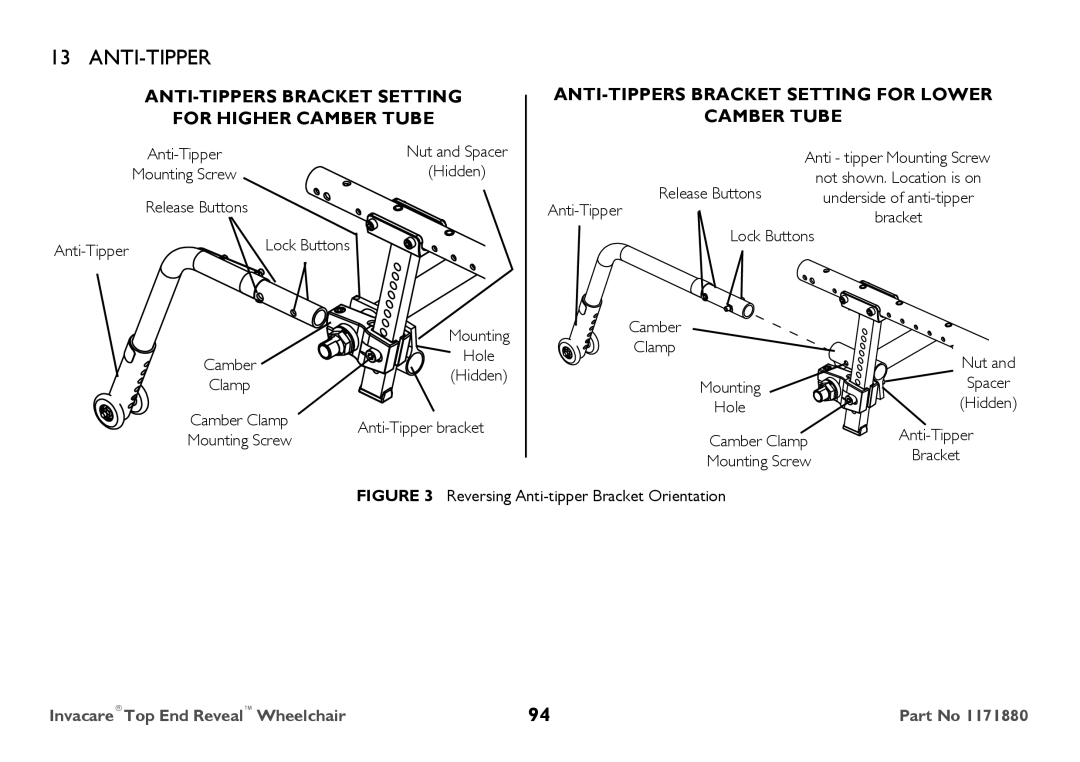 Invacare 1171880 user manual Reversing Anti-tipper Bracket Orientation 