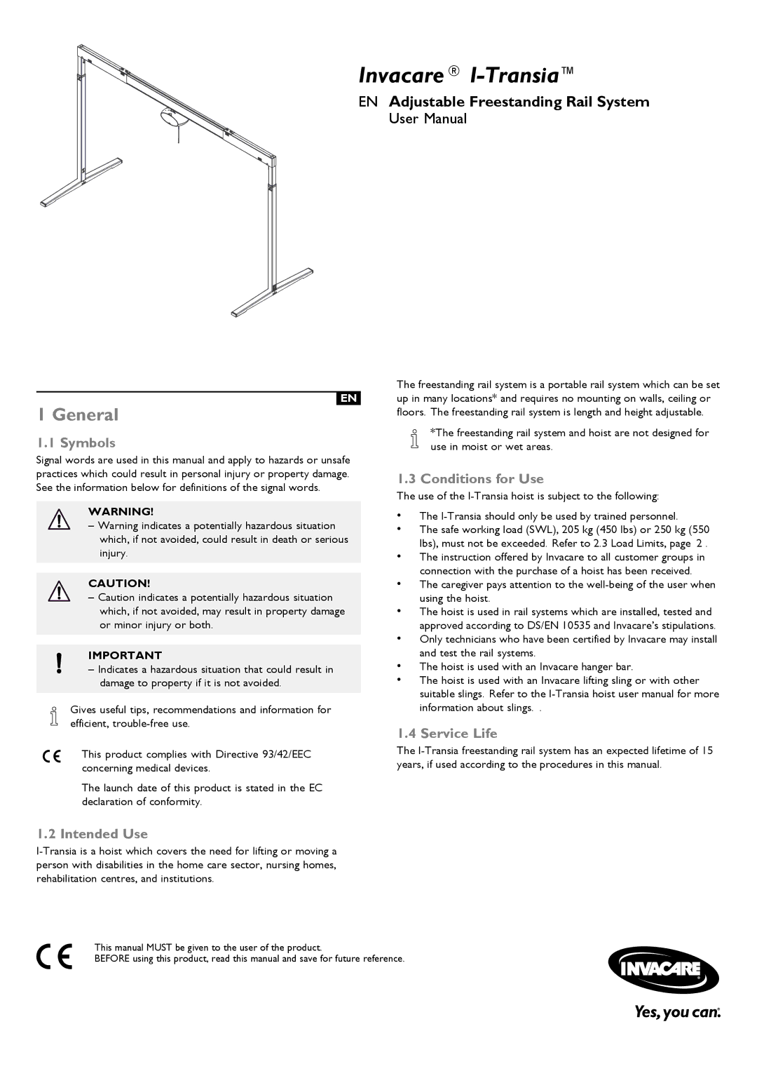 Invacare 1183379-A user manual General, Symbols, Intended Use, Conditions for Use, Service Life 