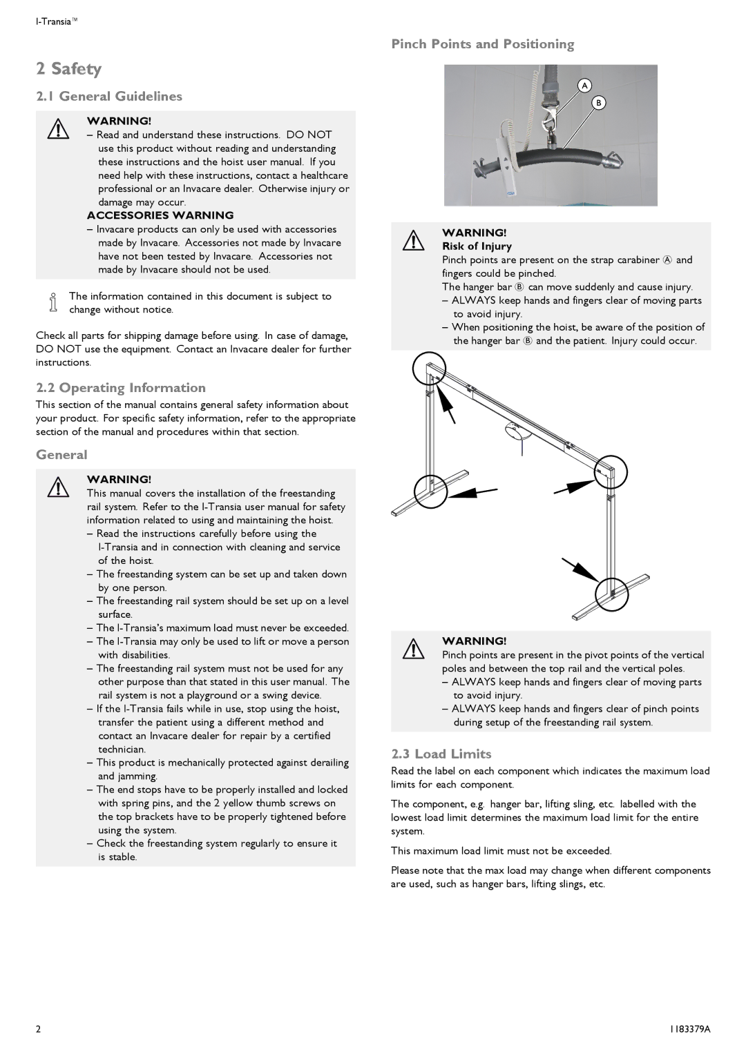 Invacare 1183379-A user manual Safety 