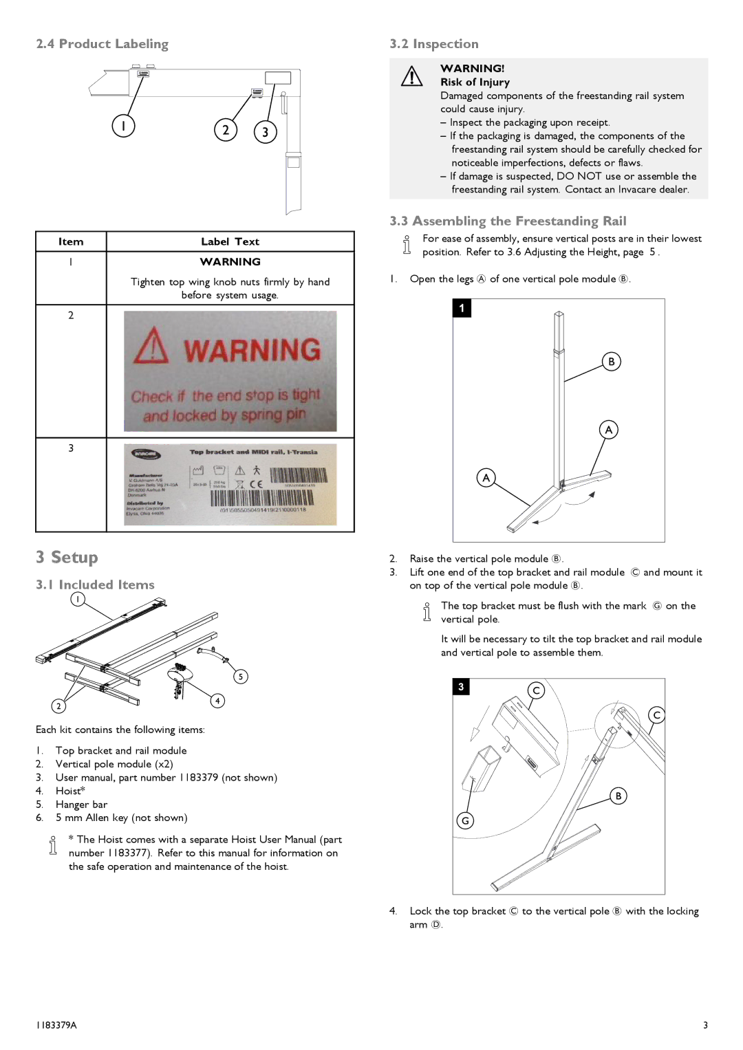 Invacare 1183379-A user manual Setup, Product Labeling, Included Items, Inspection, Assembling the Freestanding Rail 