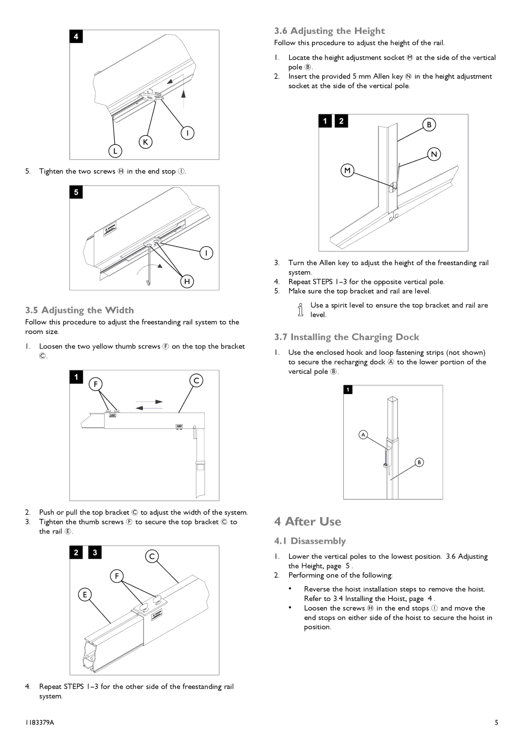 Invacare 1183379-A After Use, Adjusting the Width, Adjusting the Height, Installing the Charging Dock, Disassembly 