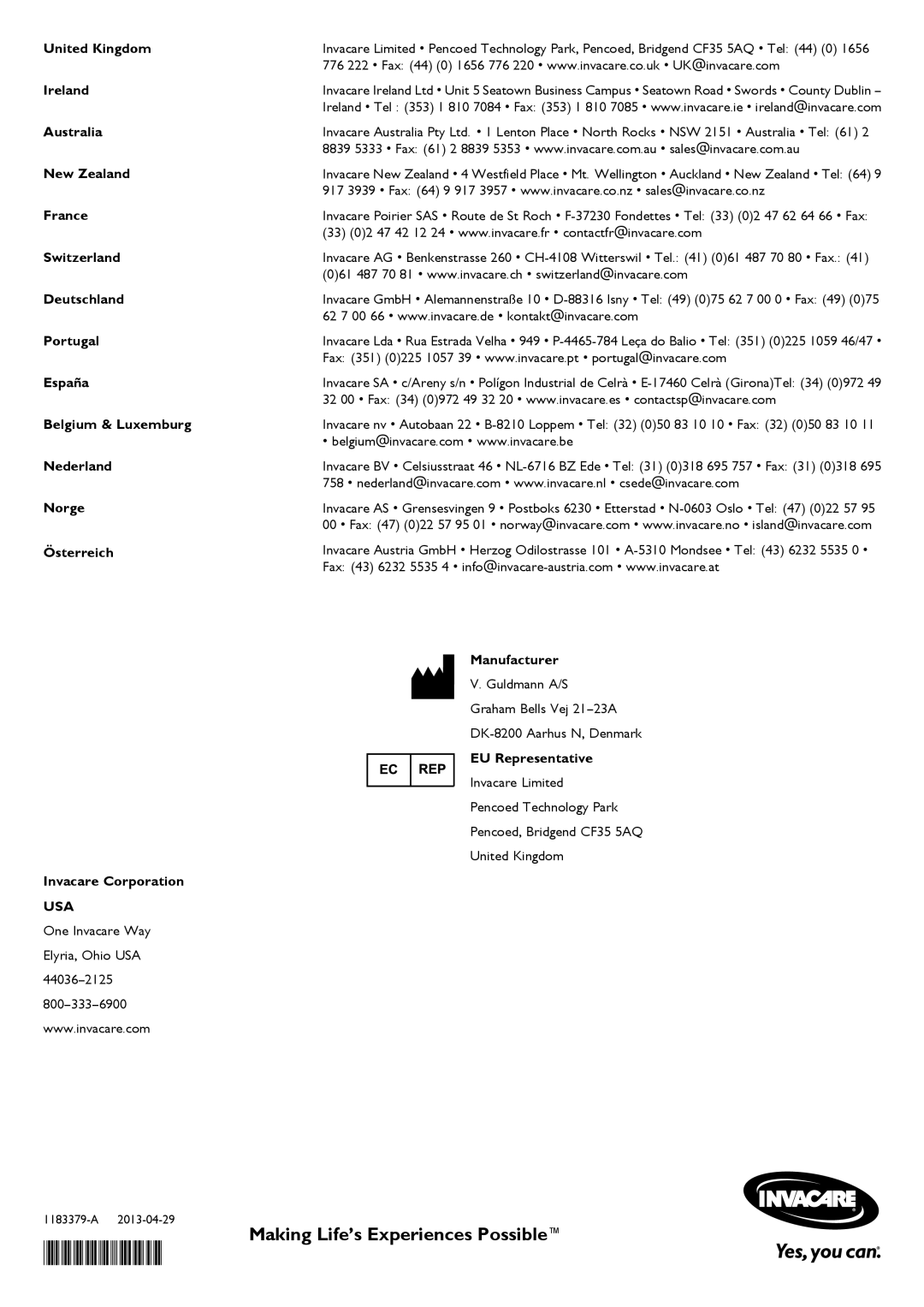 Invacare 1183379-A user manual Usa 