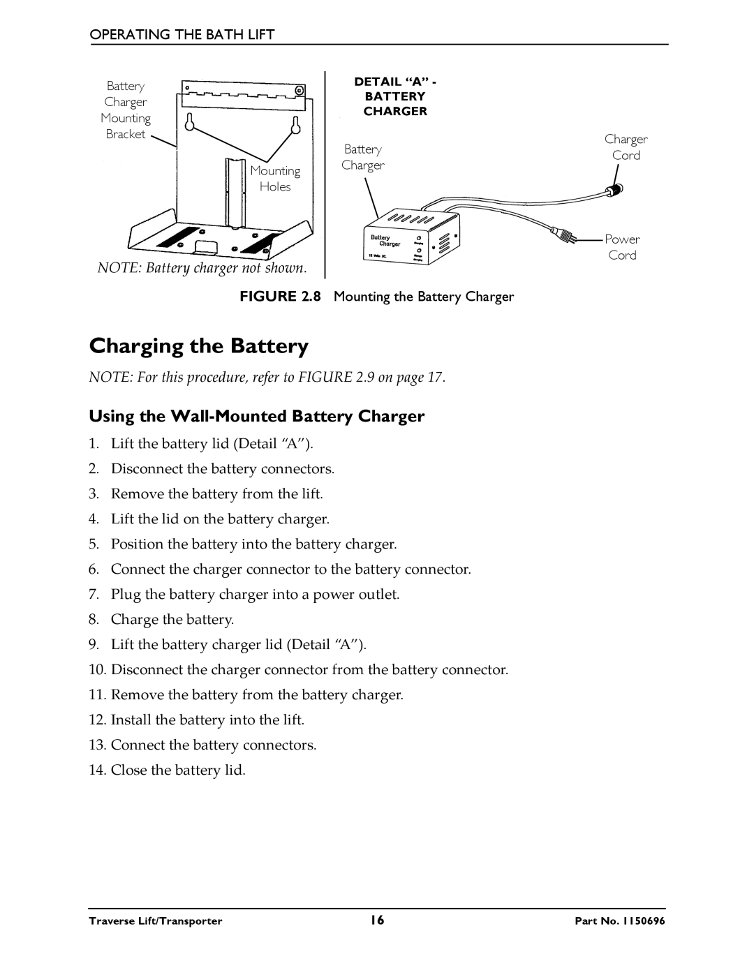 Invacare 1300, 1500, 1600, 1200 manual Charging the Battery, Using the Wall-Mounted Battery Charger 