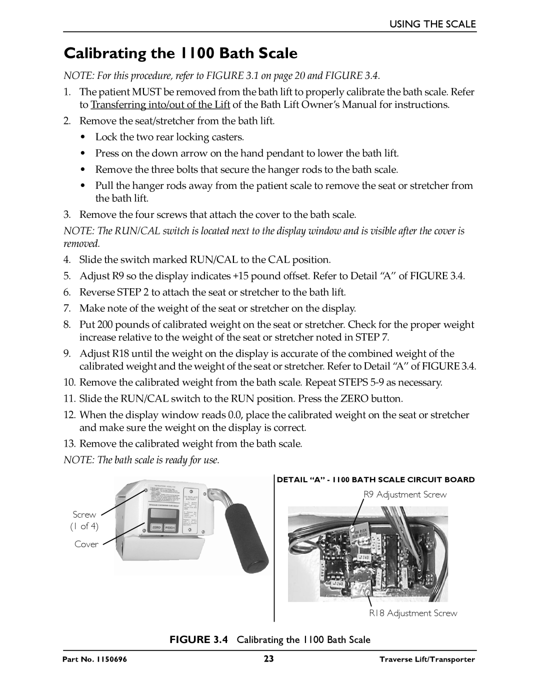 Invacare 1200, 1300, 1500, 1600 manual Calibrating the 1100 Bath Scale 