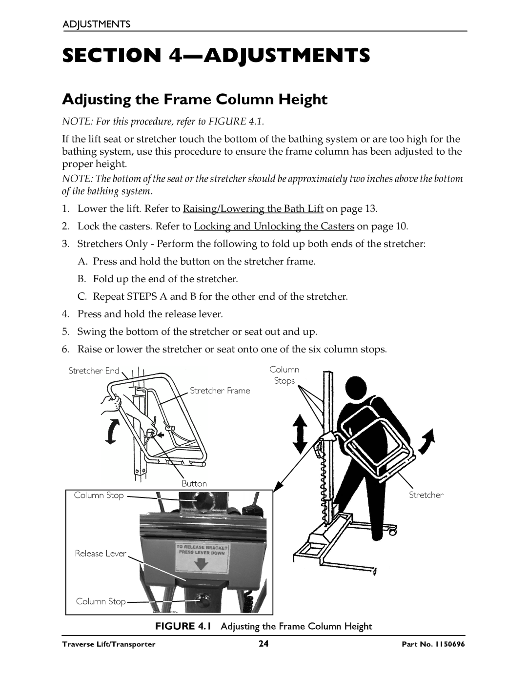 Invacare 1300, 1500, 1600, 1200 manual Adjustments, Adjusting the Frame Column Height 