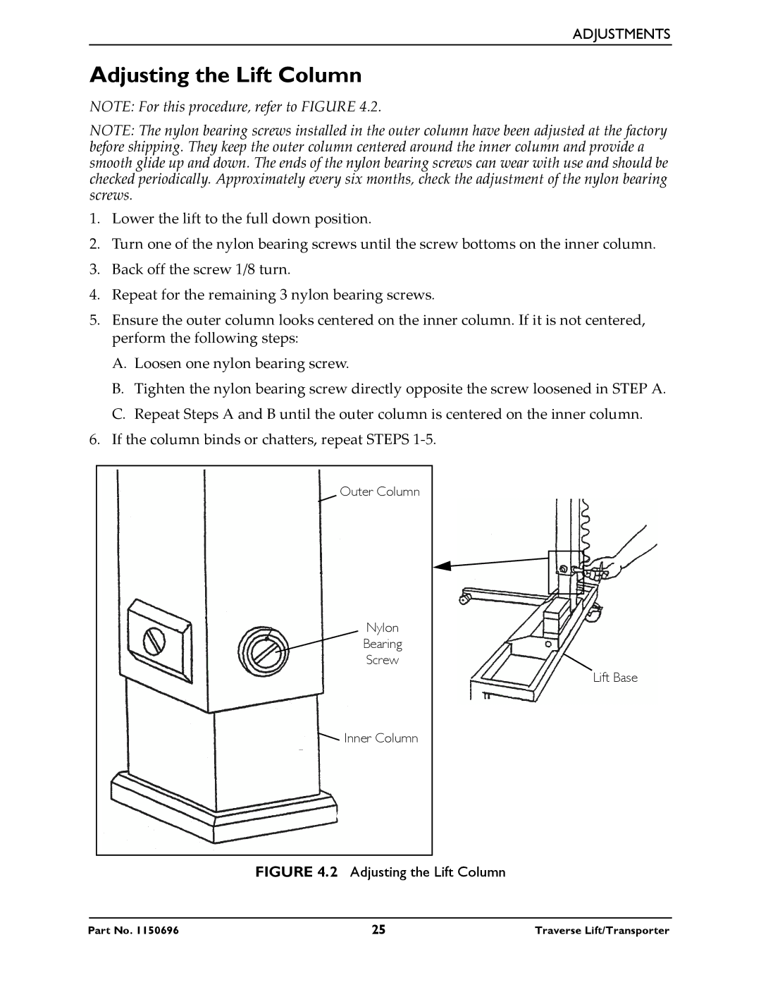 Invacare 1500, 1300, 1600, 1200 manual Adjusting the Lift Column 