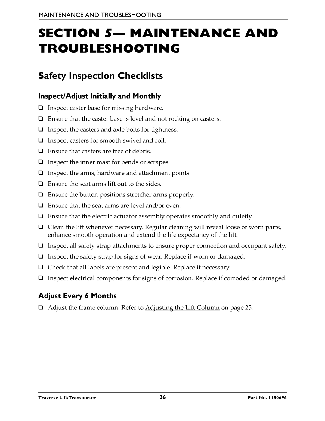 Invacare 1600, 1300, 1500, 1200 manual Maintenance and Troubleshooting, Safety Inspection Checklists 