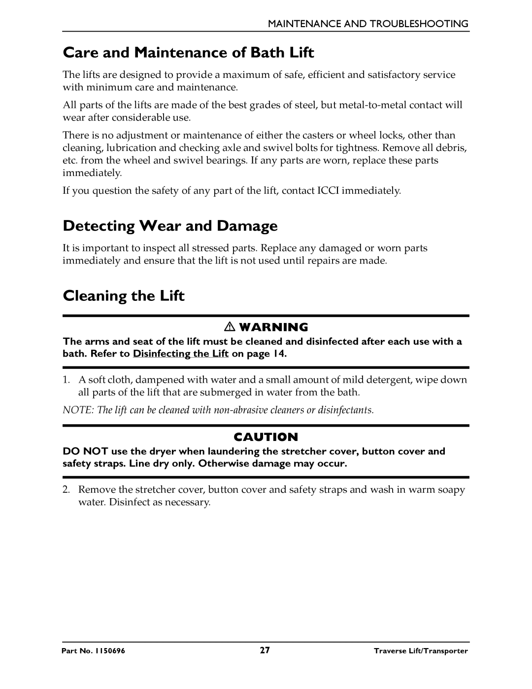 Invacare 1200, 1300, 1500, 1600 manual Care and Maintenance of Bath Lift, Detecting Wear and Damage, Cleaning the Lift 