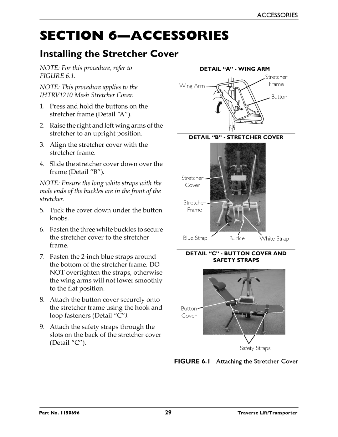 Invacare 1500, 1300, 1600, 1200 manual Accessories, Installing the Stretcher Cover 